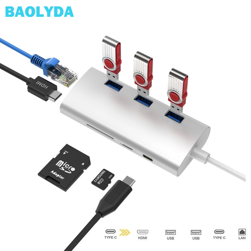 Baolyda USB C Hub naar Gigabit Ethernet Rj45 Lan Adapter voor Macbook USB Type C HDMI Converters Thunderbolt 3 Multipoort adepterom