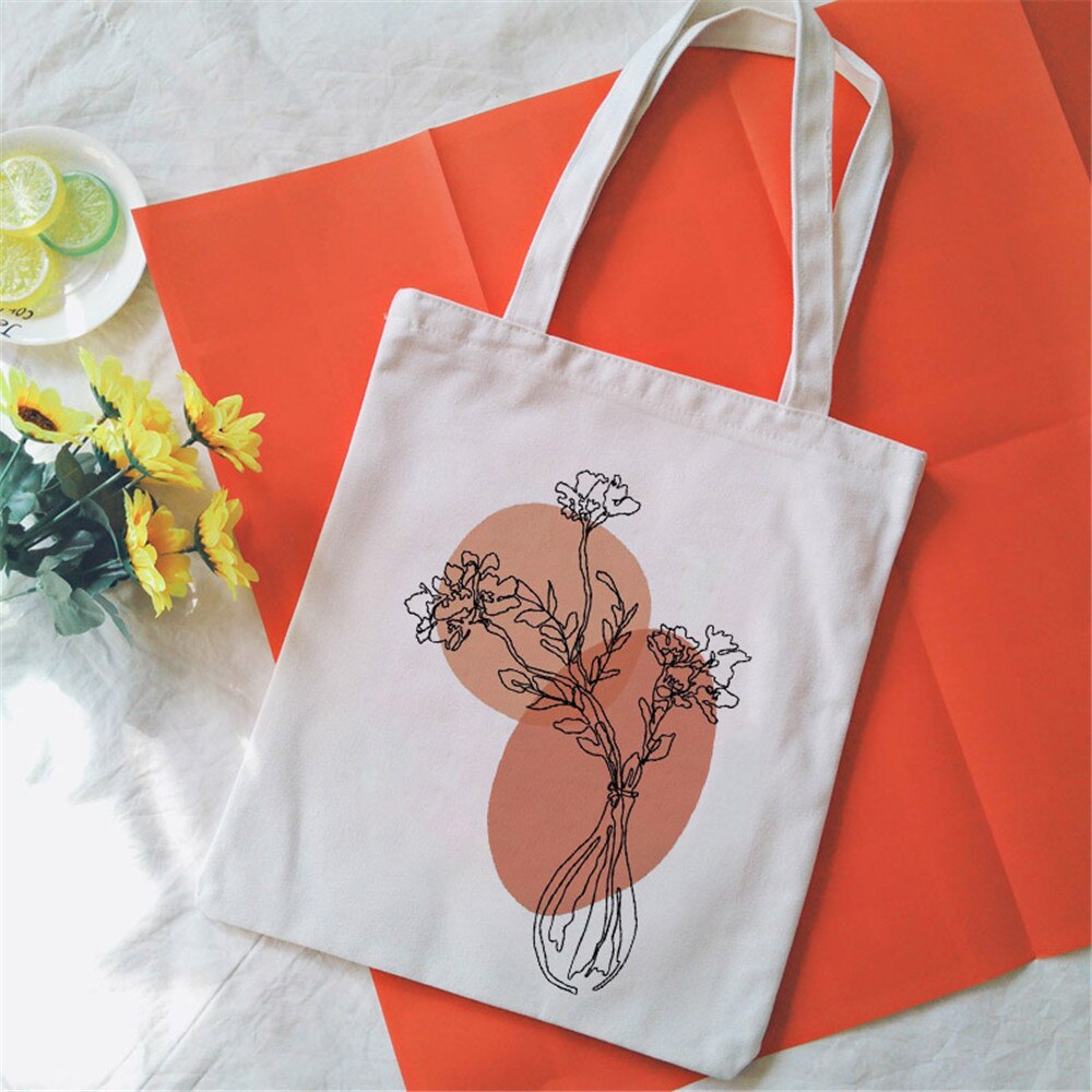Bouquet Printing Canvas Tote Bag Aesthetic Line Drawing Plant Print Canvas Bags Harajuku Ulzzang Shoulder Bag Handbag: 2324