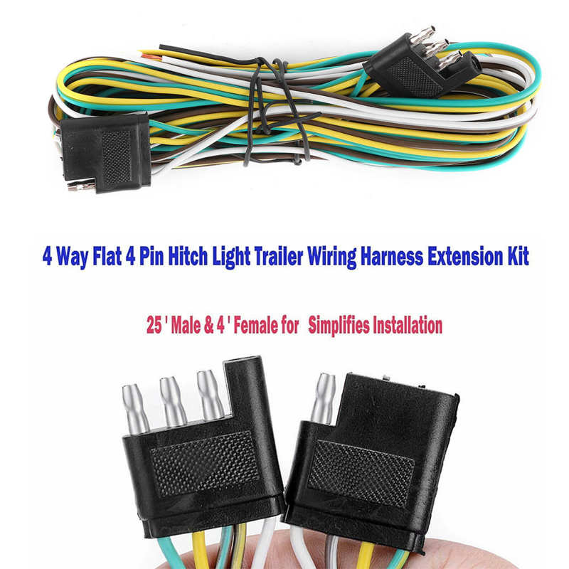 Trailer Wiring Harness Extension Kit 25FT 6.7+1.2m 4 Wire 4-Flat 4 Pin with Male Female Plug Trailer Wiring Harness Kit