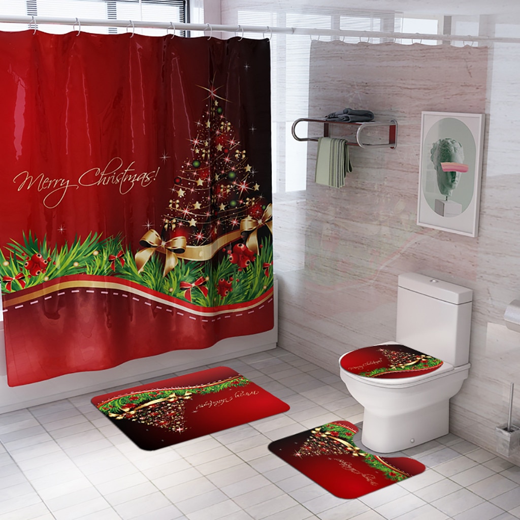 Santa juletryk toilet badeværelsesmåtte og bruseforhæng fire-delt sæt fest hjem tæppe anti-slip genanvendelige skridsikre puder