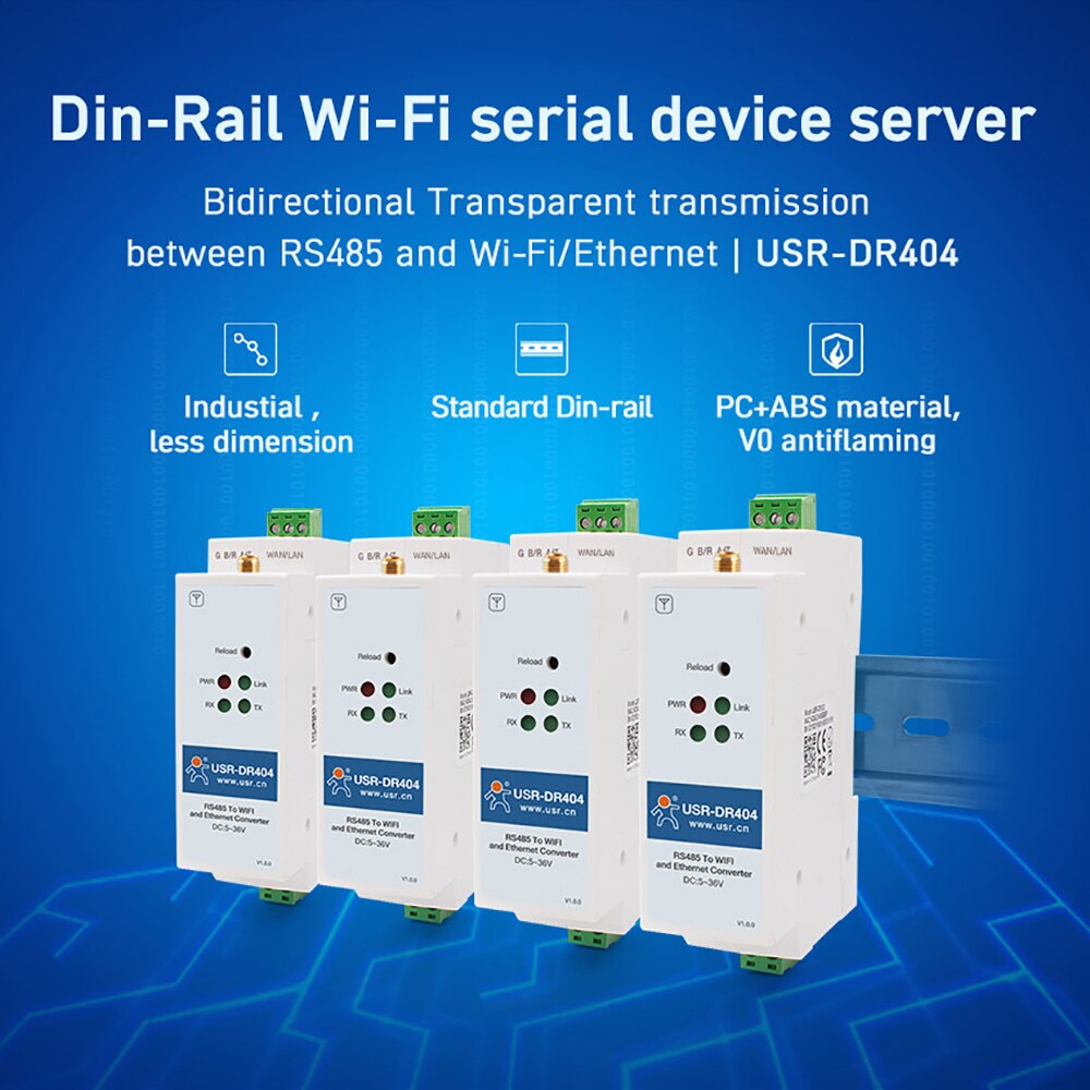Din-Rail Seriële Poort RS485 Wifi Ethernet Serial Device Server Converter USR-DR404 Ondersteuning Modbus Tcp Ip Udp Netwerk protocollen