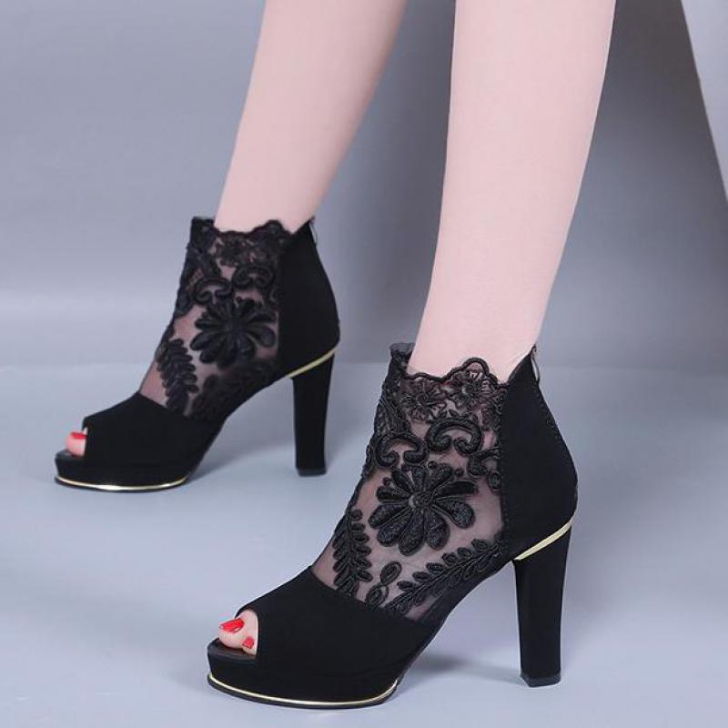 Sandales à talons grossiers, chaussures de bal de mariage Sexy, en gaze, maille étanche, européennes et américaines, printemps et été