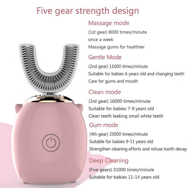 U Shape Smart 360 Angle Cartoon Teeth Cleaner Electric Toothbrush for Kids 2-6Y Teether Automatic Ultrasonic Teether Waterproof