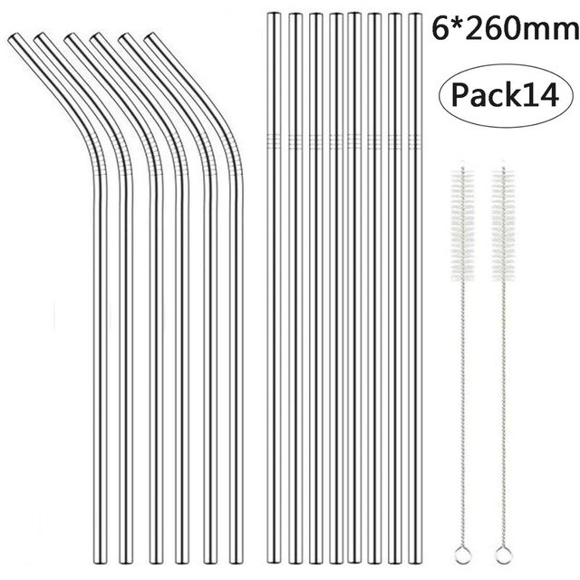 Paille métallique réutilisable 260x6mm, en acier inoxydable 304 de avec brosse de nettoyage pour tasses 20/30oz,