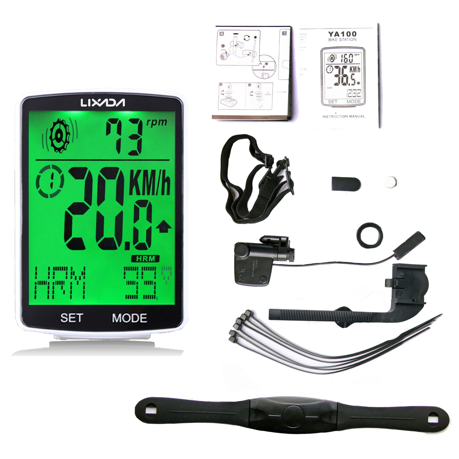 Lixada draadloze fietscomputer multifunctionele lcd-scherm fietscomputer hartslagmeter fiets snelheidsmeter kilometerteller: Wit groen achtergrondlicht