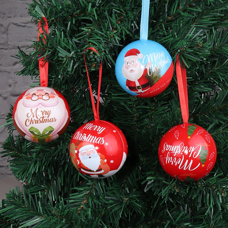 1pc farve print jern metal slik kugle juletræ vedhæng dekoration børn emballage boks julekugle ornamenter