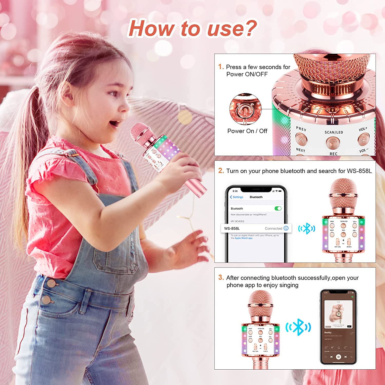 Karaoke Microphone for Kids Singing, 5 in 1 Wireless Bluetooth Microphone with LED Lights Karaoke Machine Portable Mic Speaker