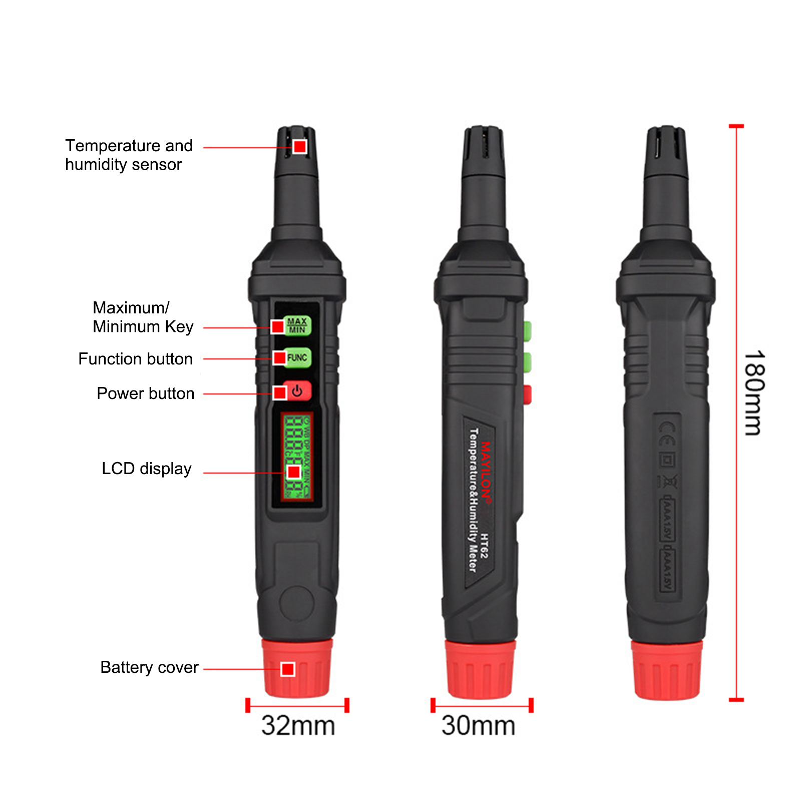 HT62 Portable Digital Display Temperature Hygrometer with Green Backlight for Aquaculture In Family Apartment Greenhouse