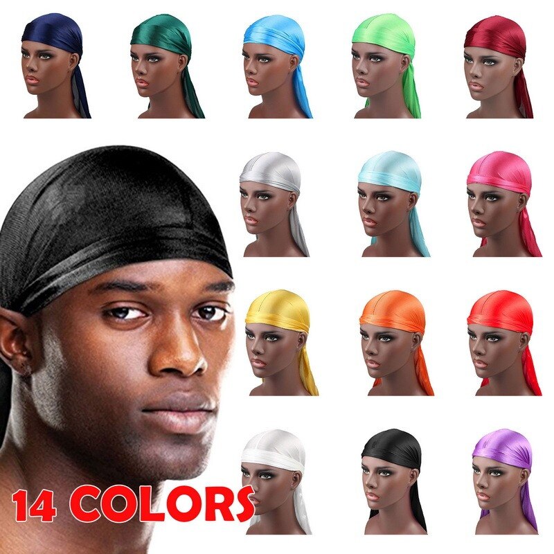 Satin Men Stretchy Cap Hip Hop Wigs Turban Bandana Headwear Toe Cap Solid Color Long Pirate Hat Tie Down Tail Hair Accessories