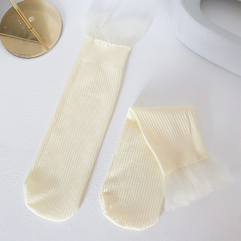 2022 frühling Sommer Mädchen Socken Neue Prinzessin Nette Atmungsaktive Lange Rohr Pile Socken Glas Silk Spitze Waden Socken: Beige