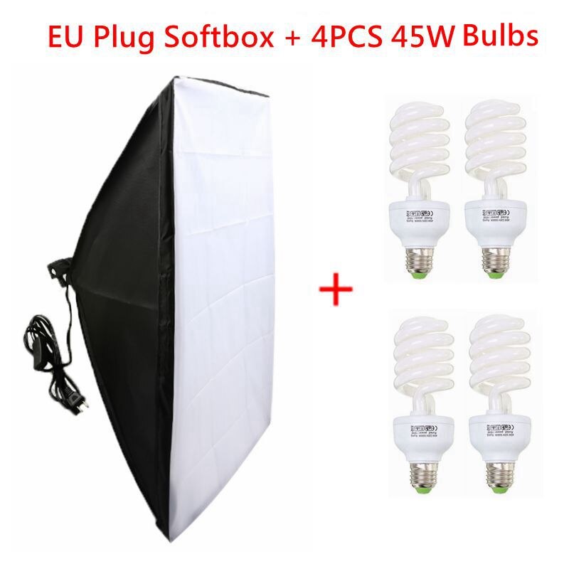 Pro fotostudie udstyr softbox kit 50 x 70cm softbox fotoboks + fire-låget lampeholder med 4 stk 45w pærer til fotografering: Eu softbox og pære