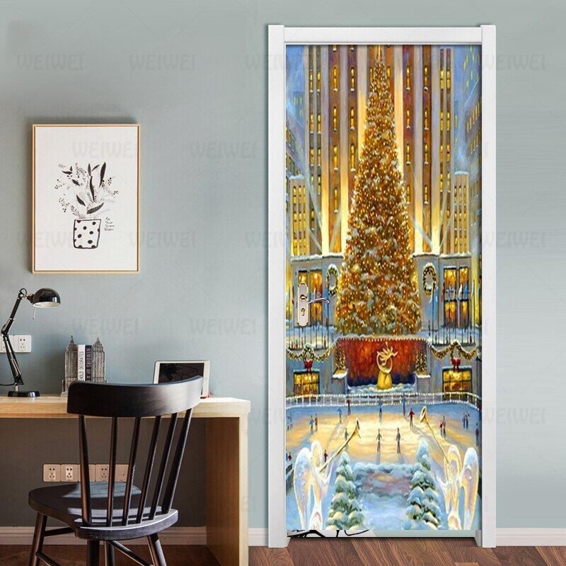Door Stickers Golden Christmas Tree Waterproof Living Room Bedroom Door Wallpaper Self Adhesive Art Wall Decals 3D Wall Stickers