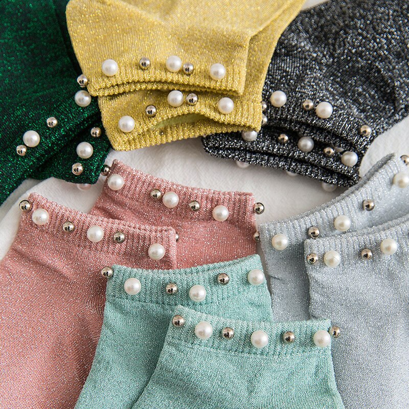 Harajuku enkelsokken zilveren zijden parel damessokken zomer herfst dames katoenen korte sokken