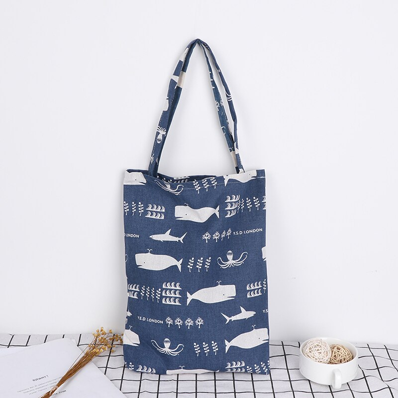 Durable 1 couche pas de doublure coton lin Shopping fourre-tout 1PC sac à bandoulière de transport imprimer baleine poulpe mer vie sacs à provisions