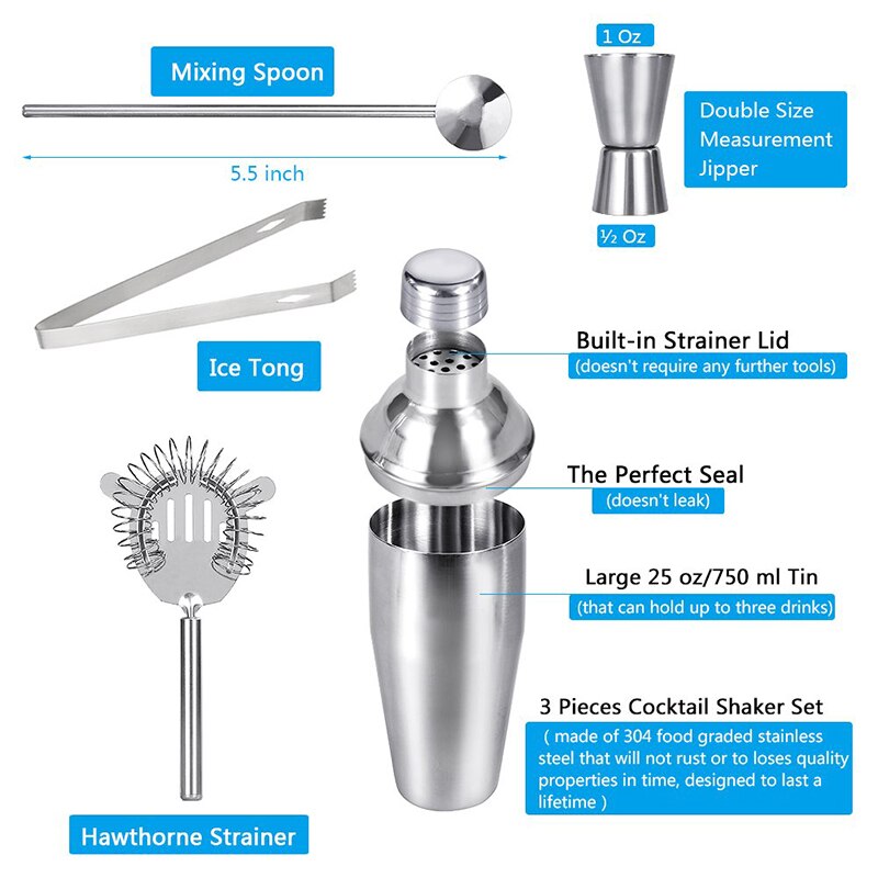 Stainless Steel Cocktail Set 550ml/750ml Cocktail Shaker Set with Muddler Jigger Bar Spoon Ice Tong Bartender Kit Bar Set