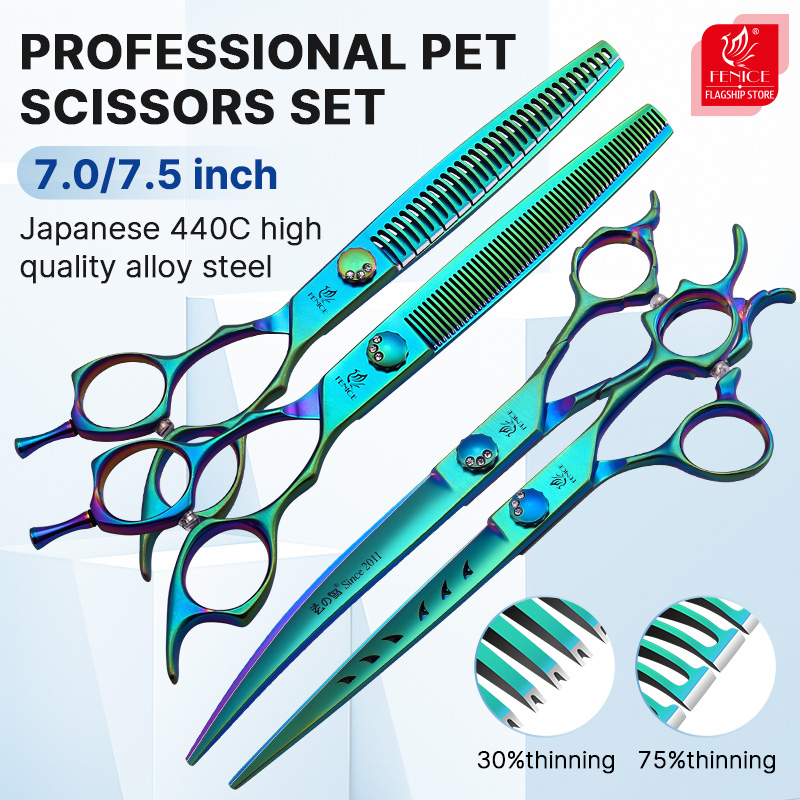 Fenice 7.0/7.5 inch JP440C Green Pet Grooming Scissors Shears Cutting&Curved&Thinner Set Kit for Dog Trimming Tools
