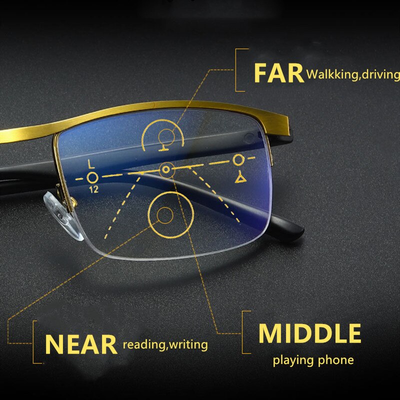Men Women Progressive Multifocal Reading Glasses Bifocal Magnifying Presbyopic Glasses Metal Anti Blue Ray Square Frame 2.0
