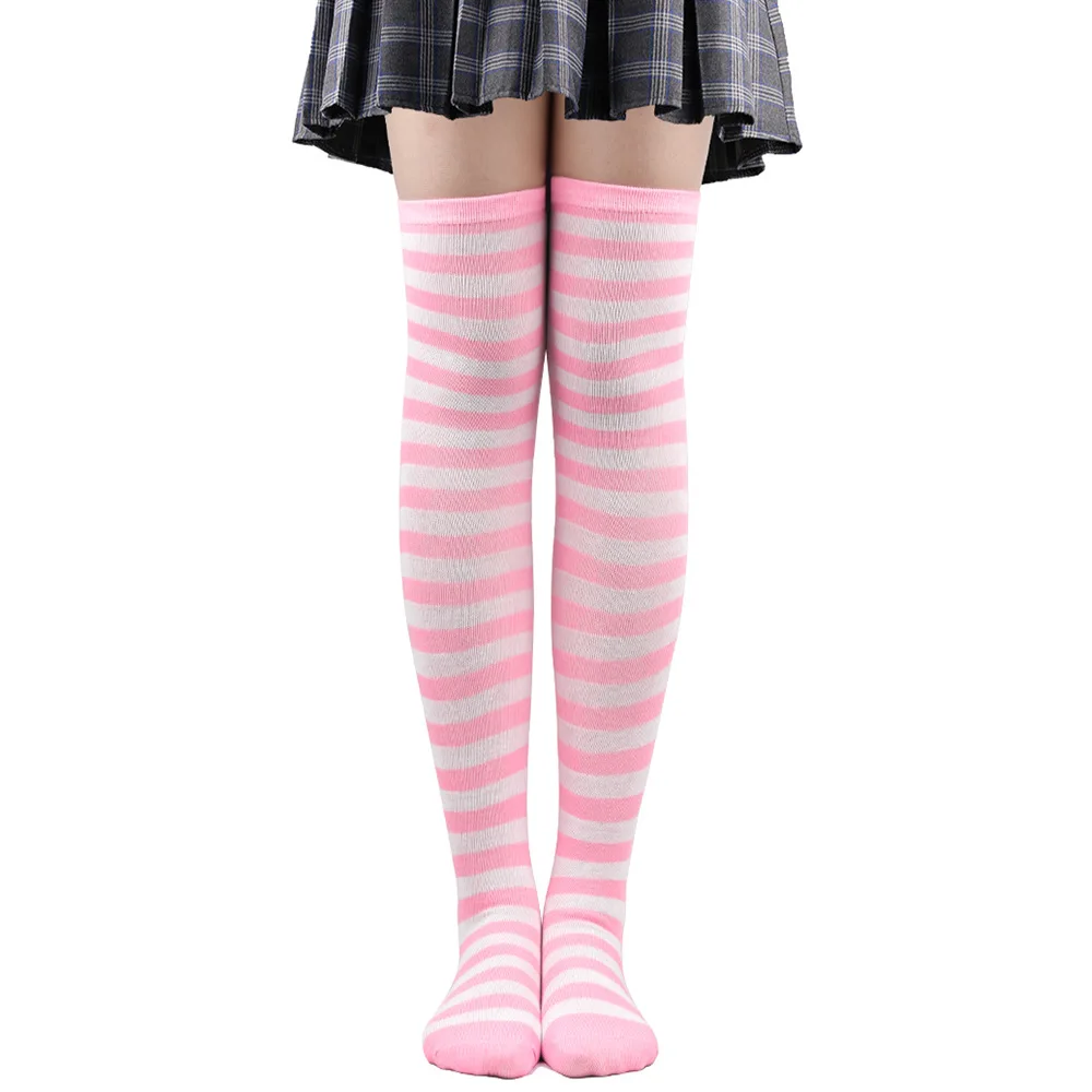 Medias altas hasta el muslo a rayas para mujer, calcetines largos por encima de la rodilla en negro, blanco y rosa, Cosplay de Lolita Harajuku Y2k 2025: Blanco