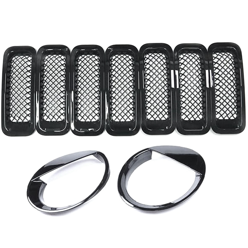 9Pcs Front Grille Grill Mesh Grille Insert Kit + Style Headlight Lamp Cover Trim for Jeep Patriot: Default Title