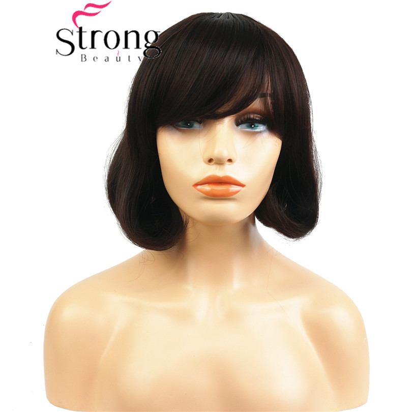 StrongBeauty Kurze Gerade Braun Hervorgehoben Bob Seite Gefegt Pony Synthetische Perücke FARBE ENTSCHEIDUNGEN: H5020 2T33