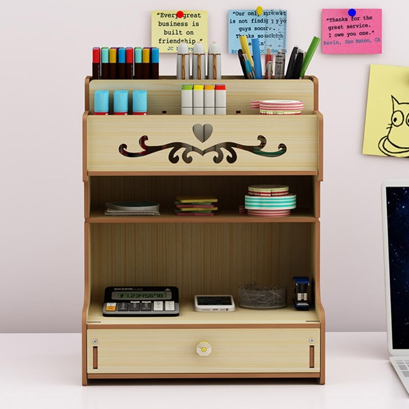 Wooden Pen Holder with Drawer Multi-Functional Desktop Stationary Pencil Box Home School Office Art Supplies Organizer Rack