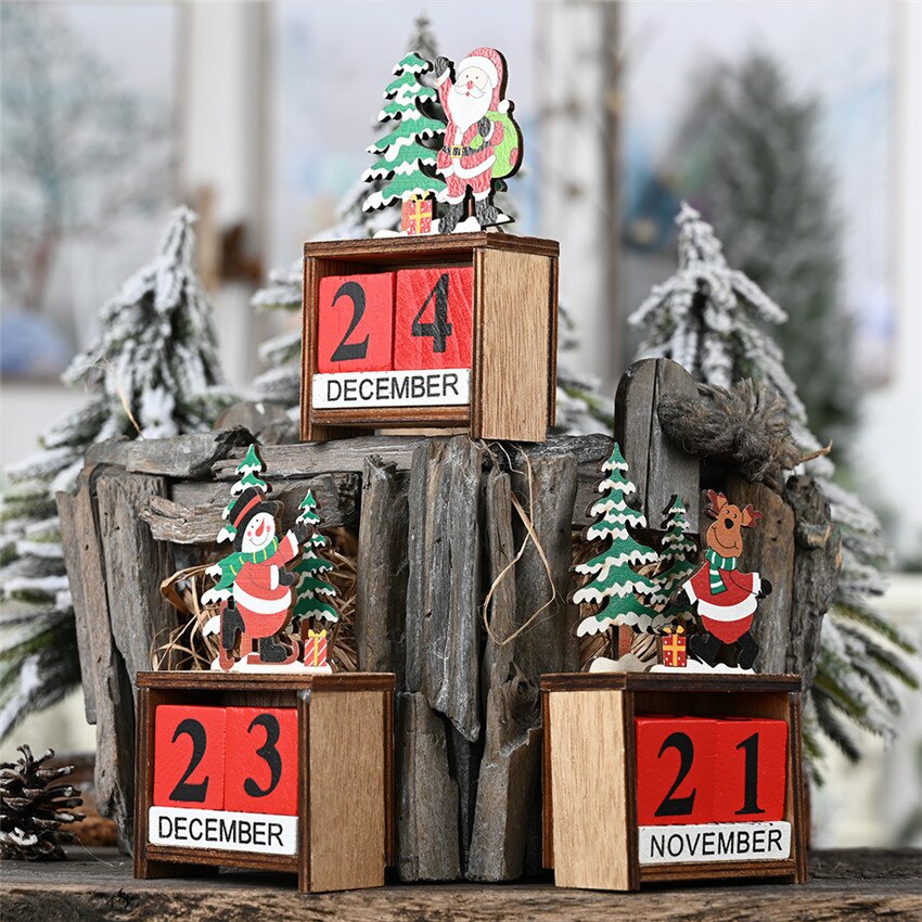 Vintage Wooden Advent Calendar Christmas Wood Block Planer Permanent Desktop Organizer Agenda Perpetual Calendar Home Decoration