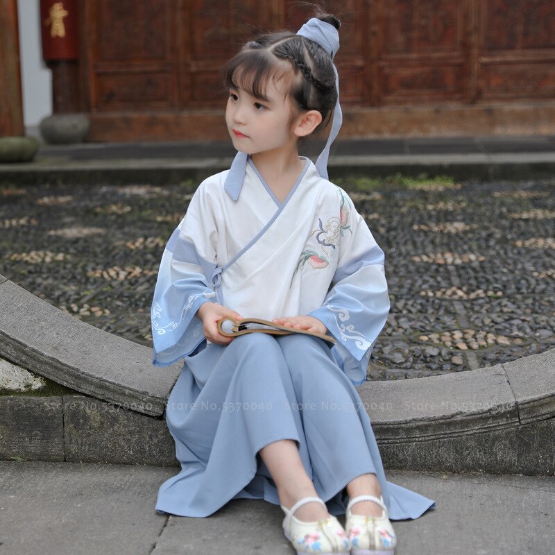 freundlicher Traditionellen Chinesischen Stil Stickerei Hanfu Kleid Hosen freundlicher Jungen Mädchen retro Seetang Anzug Kleidung einstellen Strickjacke Mantel Hosen: Mädchen 2Stck / 110
