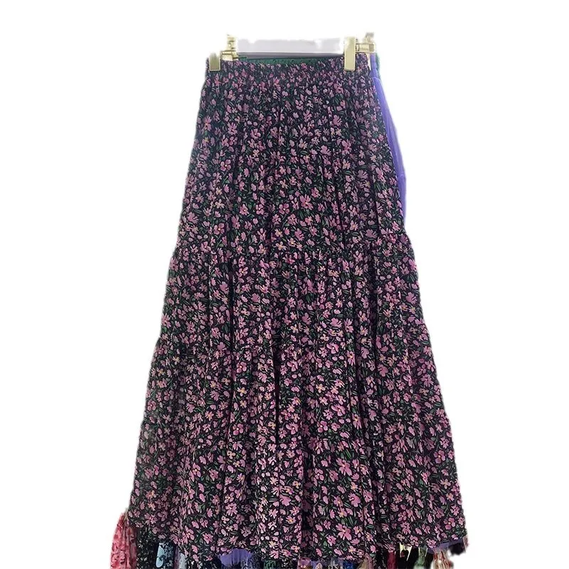 Koreansk dongdaemun blomstertrykk elastisk midje drapert skjørt dame a-linje midi skjørt vårsesongen slankende elegant