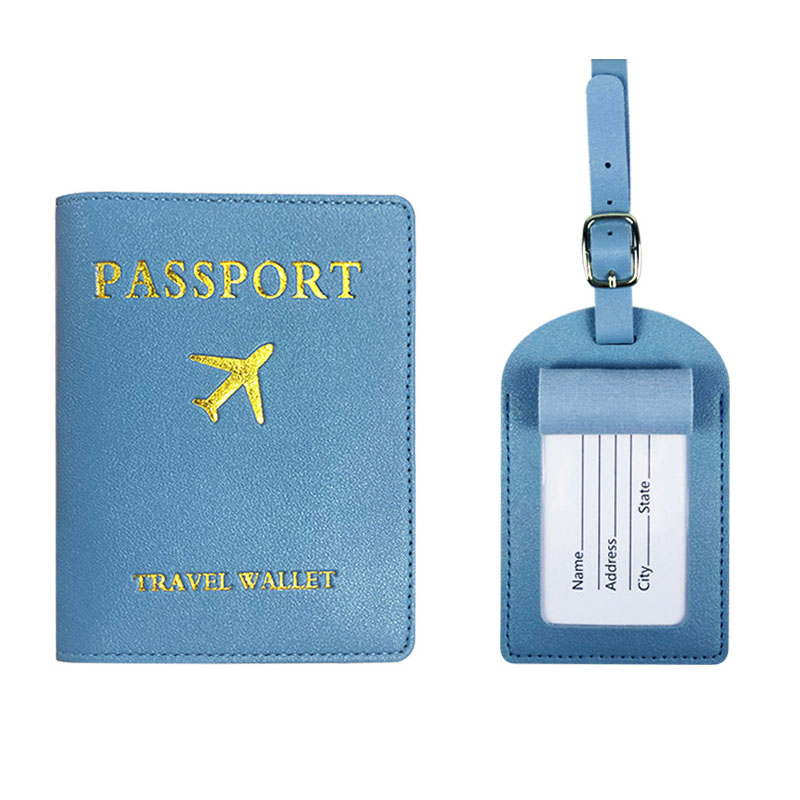 2Pcs/Set PU Travel Passport Cover Luggage Tag Suitcase Identifier Label Baggage Boarding Bag Tag Name ID Address Passport Holder: LIGHT BLUE