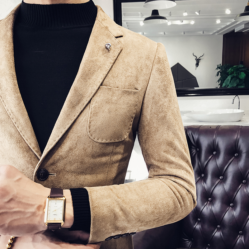 Veste en cuir de cerf pour Homme, manteau coupe cintrée, style coréen, pour boîte de nuit, chanteur sur scène