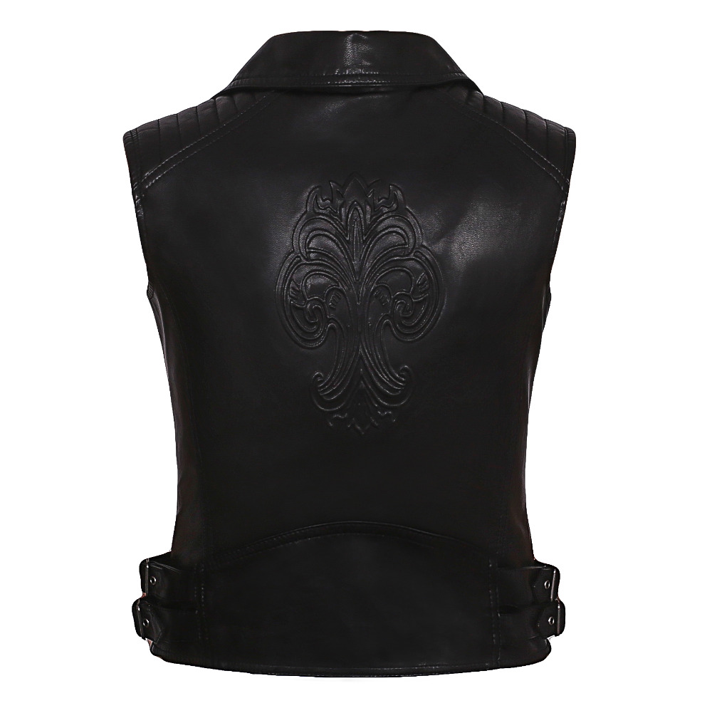 Kvinner motorsykkel pu imitert skinn ermeløse jakker dame turn-down krage belte glidelås vestlommer vest streetwear