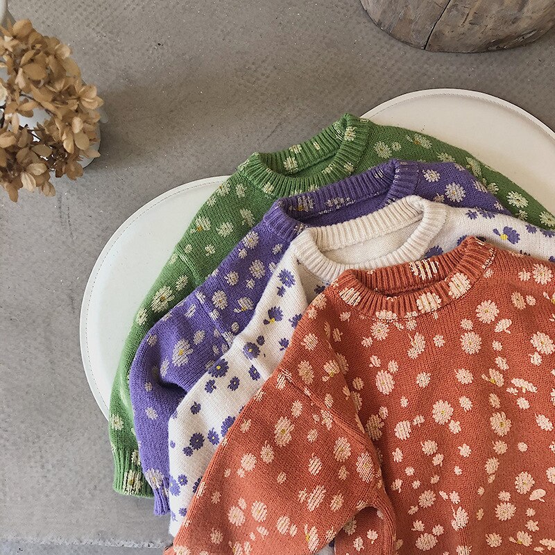 Herfst Winter Kinderen Mode Daisy Drukte Lange Mouw Truien Jongens Meisje Warm 4 Kleuren Gebreide Trui