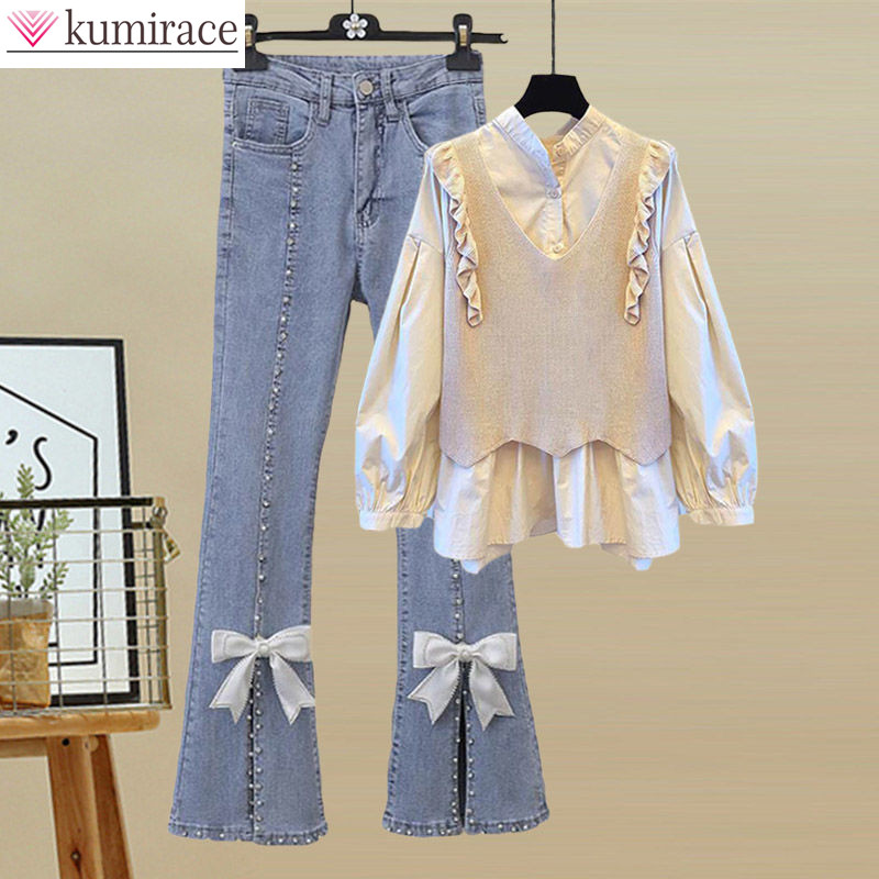 Autumn Ruffle Long Sleeve Knitted Sweater Splice Shirt Bowknot Jeans Two Piece Women's Pants Set