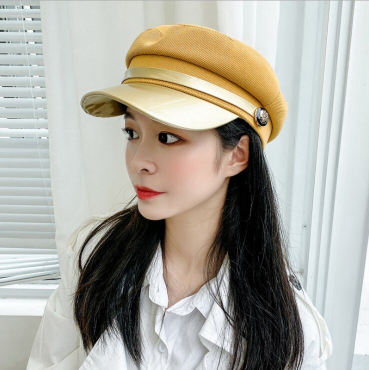 Novo chapéu feminino outono e inverno literatura retro estudantes simples japonês pequeno fresco selvagem chapéu octogonal boné liso: YELLOW
