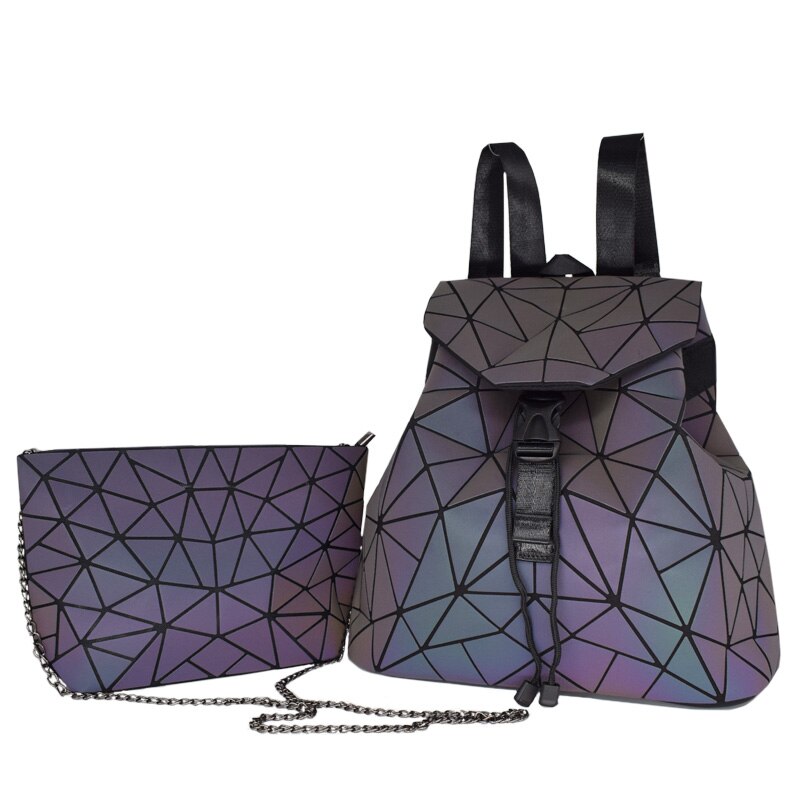Kvinder rygsæk geometrisk lysende skoletaske til teenagepige crossbody taske til damer rygsække taske sæt kobling og pung: 2 stk. b