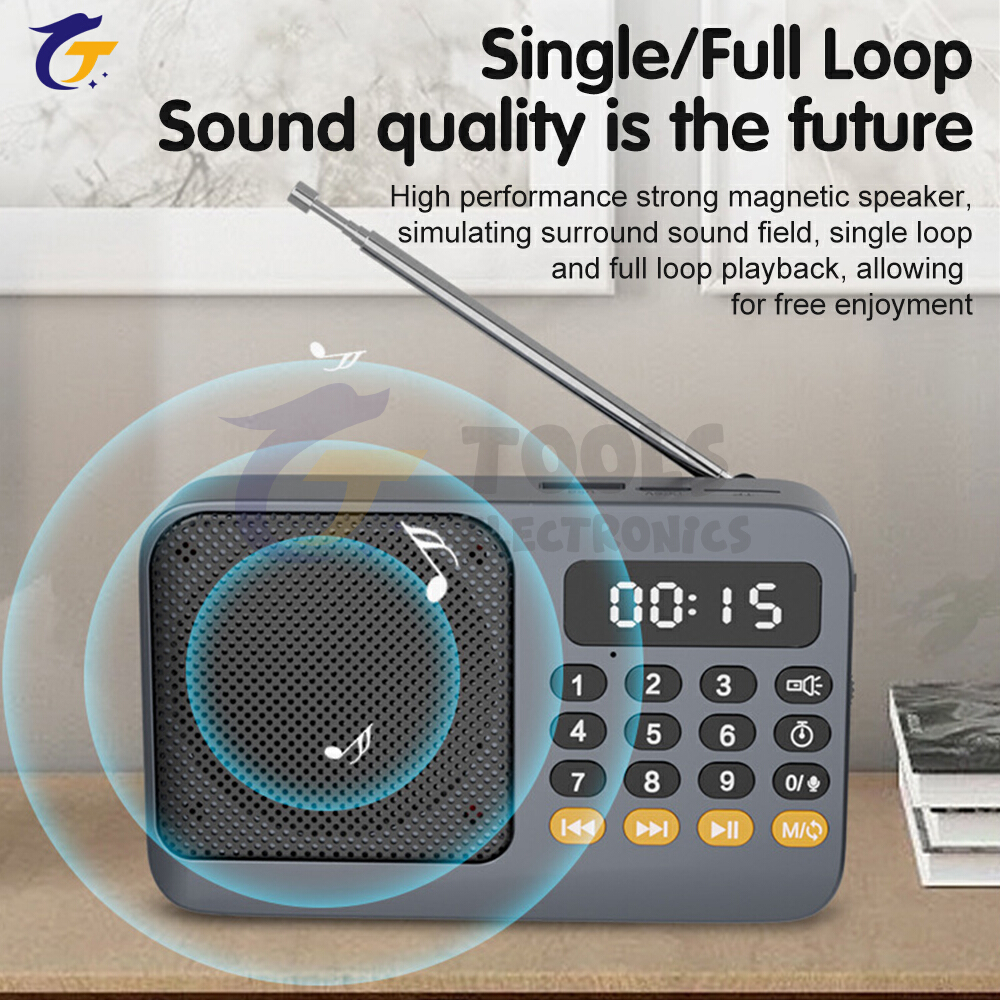 Kompakt handhållen bärbar radio, uppladdningsbar fm, tf, usb, bt, musikspelare med lcd-skärm, 3.5mm uttag och ficklampa