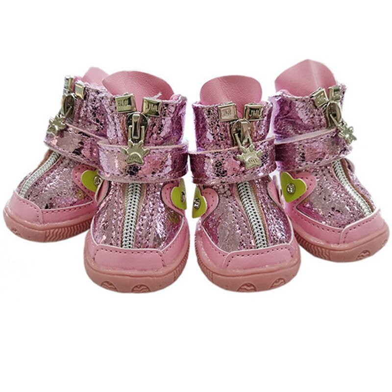 4pcs/set Pet Dog Shoes All Seasons Available Breathable Anti-slip Reflective Pet Dog Boots Pavement Paw Protector Shoes: Pink / 1