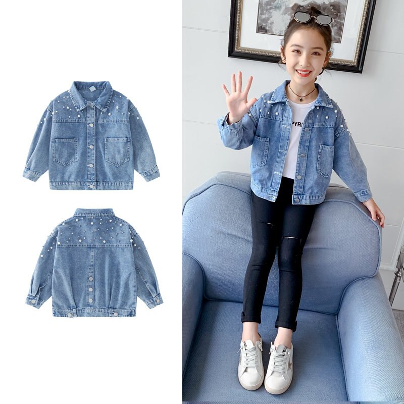 Giacche di jeans per bambini per adolescenti ragazze nuova primavera autunno moda capispalla abbigliamento per bambini giacca di cotone con perla per adolescenti
