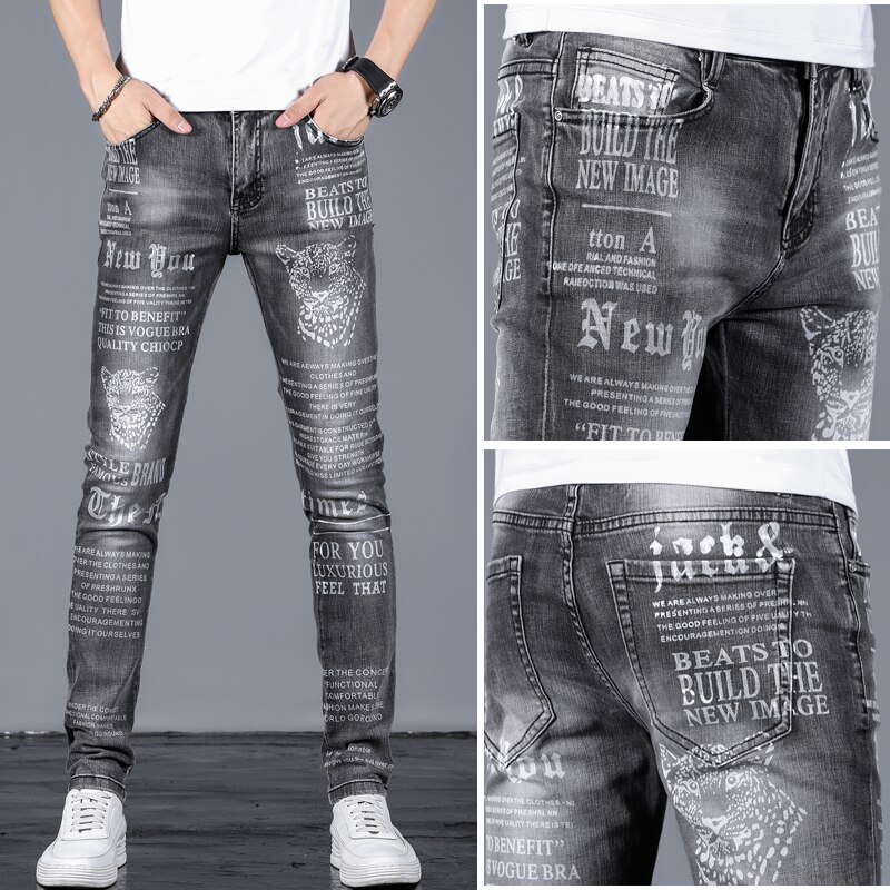 Mens Letter Leopard print Jeans Newspaper Painted Men Black Hip Hop Trousers Skinny Casual Stretch Cotton Denim Pants