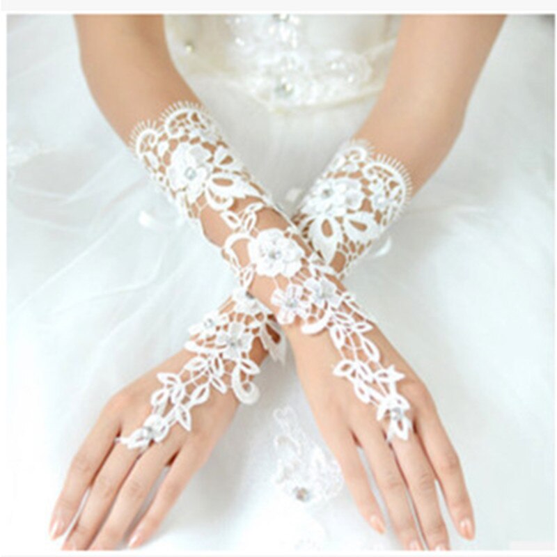 Lange Bruiloft Handschoenen Ivoor Witte Bruids Handschoenen Meisje Party Vingerloze Kant Handschoen Dames Bloem Guantes Bruiloft Accessoires K5: Ivoor