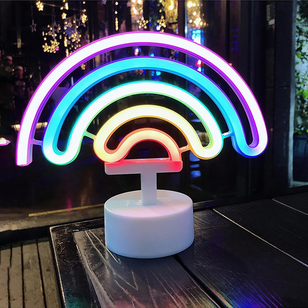 Neonskilt ledet lampe neonlys til værelser usb kabel / batteridrevet skrivebord borddekoration flamingo enhjørning kaktus jul: Regnbue