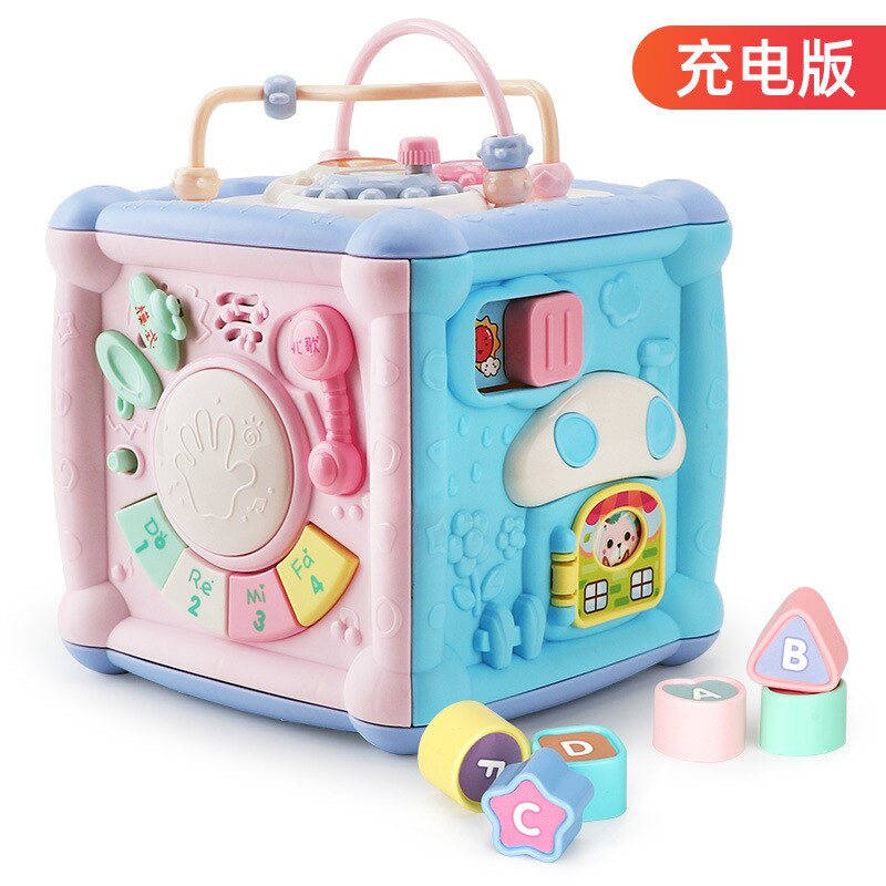 Puzzle early education baby Multi-functional hand-patted drum wisdom cube game table polyhedron wisdom house: Pink