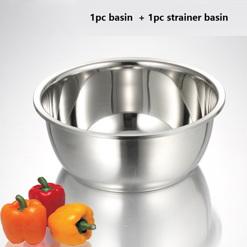 basin 2pcs set utensil Thick stainless steel pots drain washing strainer round deepen mixing bowl fruit vegetable washing bowl