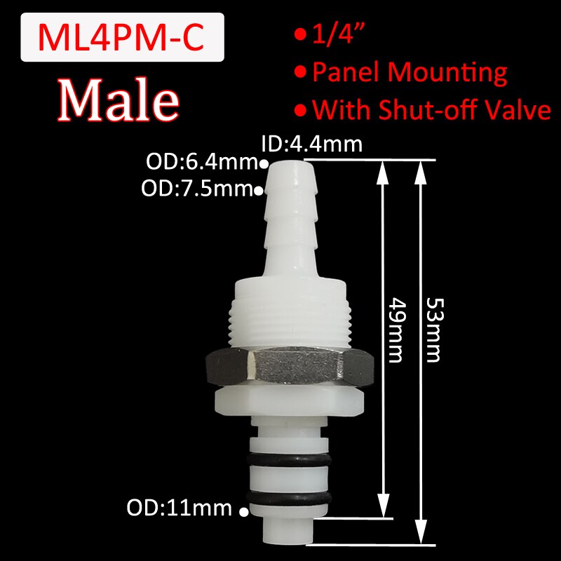 1/4 Hose Barb Valved In-Line Coupling Insert Panel Mount Coupling Body Male Female Quick Shut-Off Hose Joint Tube Connector: ML4PM-C