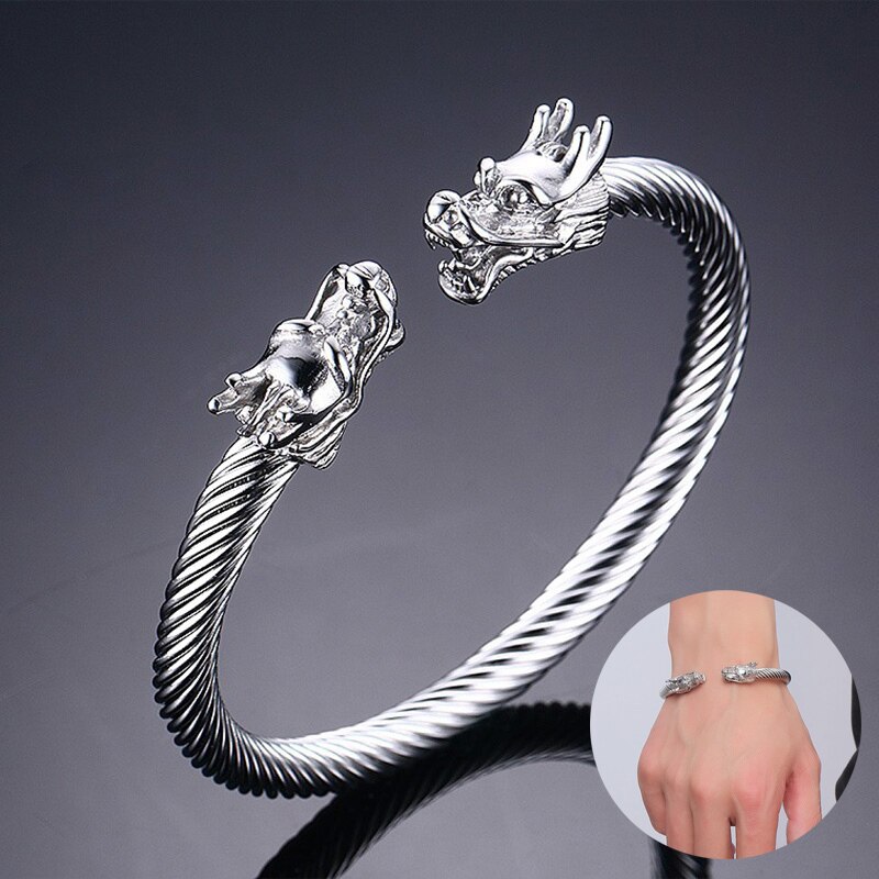 Naga Double Head Dragon Terminal Bracelet for Men Stainless Steel Twisted Cable Cuff Bangle Adjustable Elastic Male Jewelry