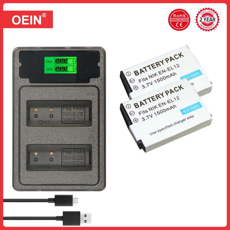 EN-EL12 ENEL12 1500mAh Battery and LED USB Charger for Nikon Coolpix A1000 B600 W300 A900 AW100 AW110 AW120 AW130 S6300 S8100: green