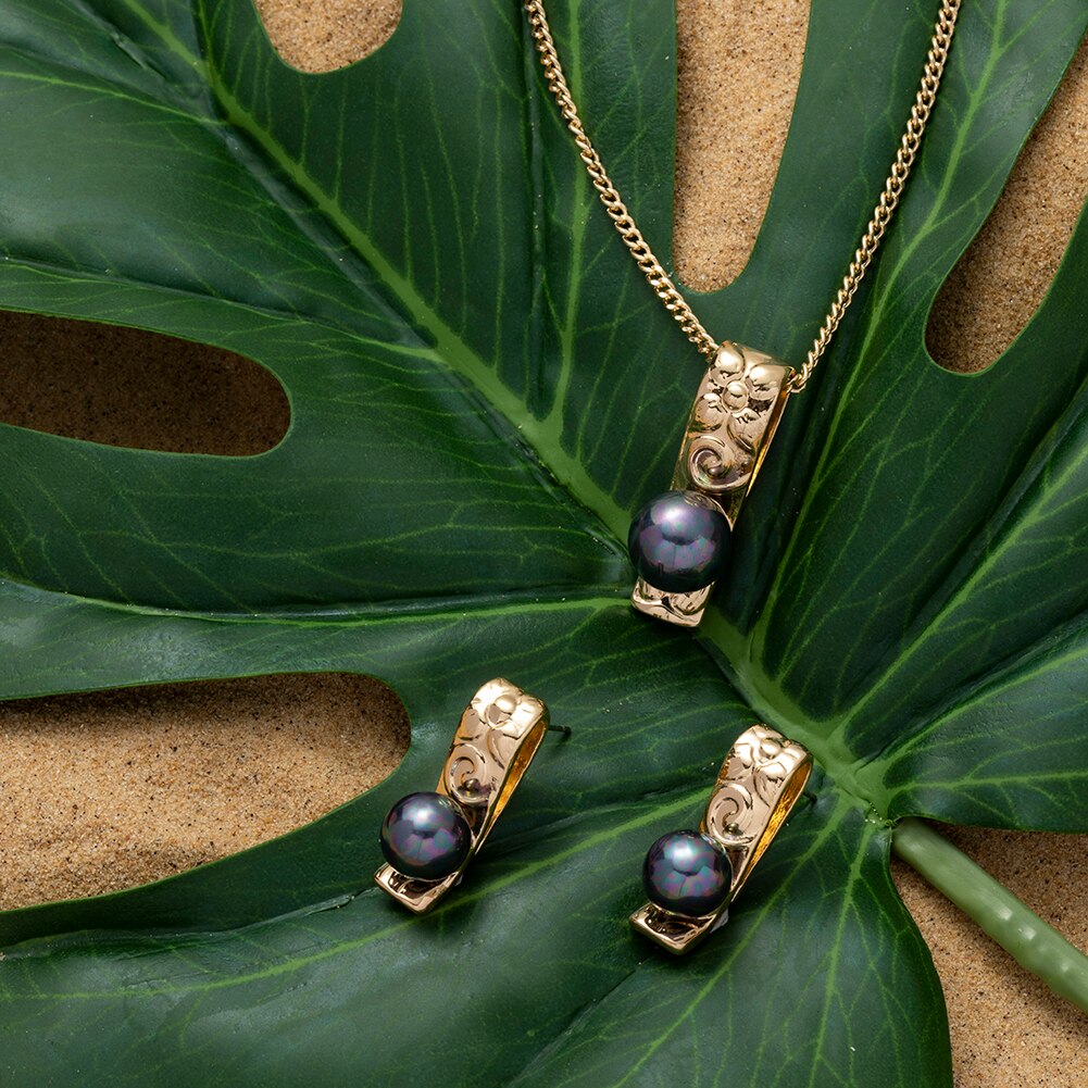 SophiaXuan Hawaiian Jewelry Set Pink Pearl Necklace Polynesian Necklace Samoa Gold Plated Earrings Set for Women: ZH0311GOGR