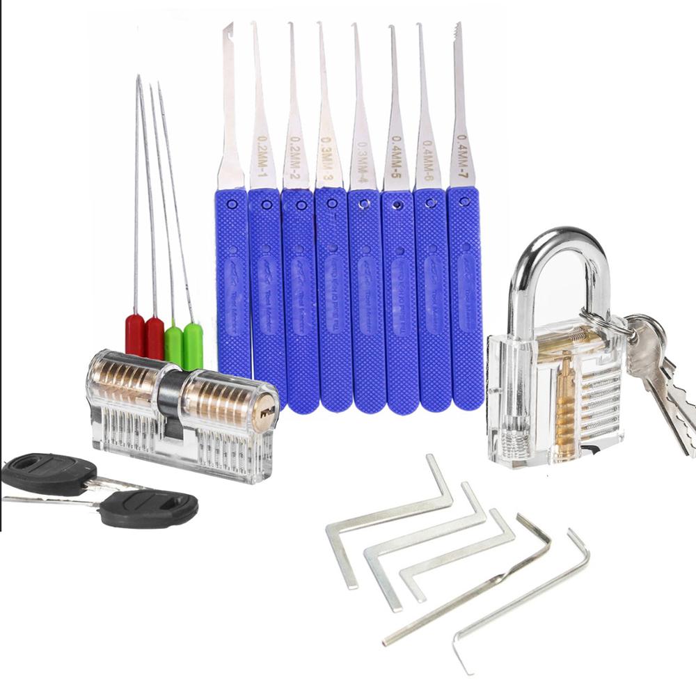 Juego de ganzúas de práctica, combinación de cerradura transparente con herramientas de mano de llave rota, herramientas de llave de tensión: 4-Blue