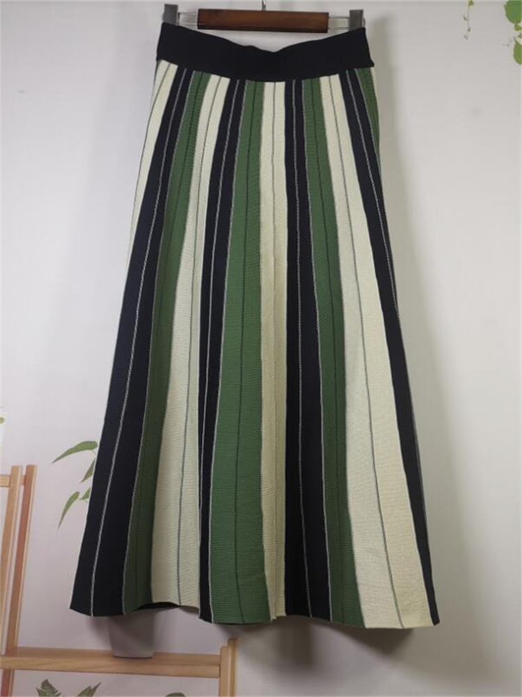 Höst vinter stickad kjol hög midja lång pennkjol kvinnor stickad avslappnad vintage maxikjol vintage varm tjock midi randig: Blå