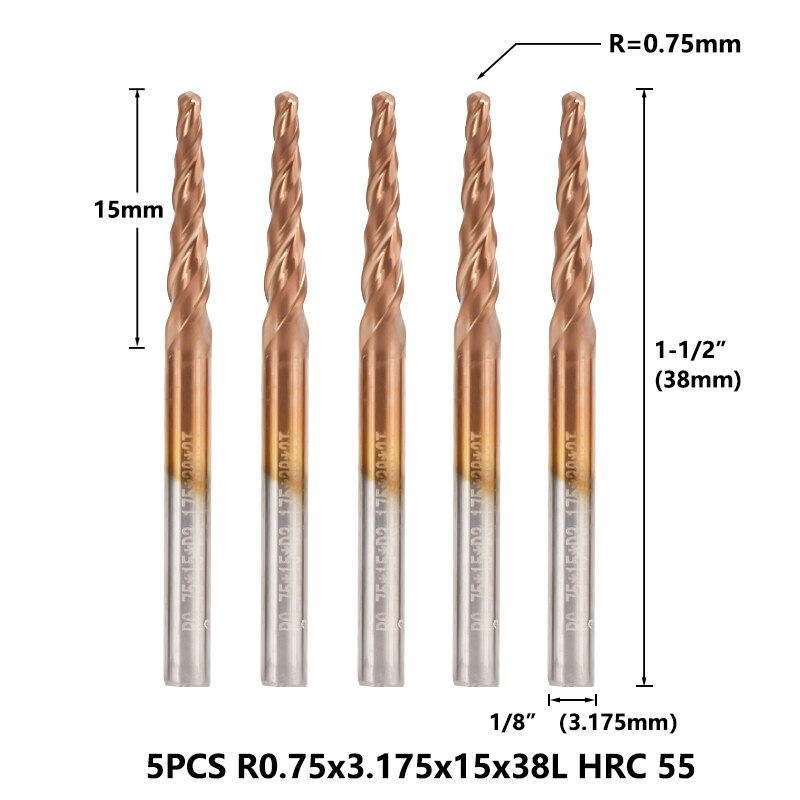 Xcan konisk kuglenæse endefræser 1/8 '' (3.175mm)  skaft supercoated hårdmetal fræser 5 stk sæt træ metal graveringsbit: R0.75 hrc 60